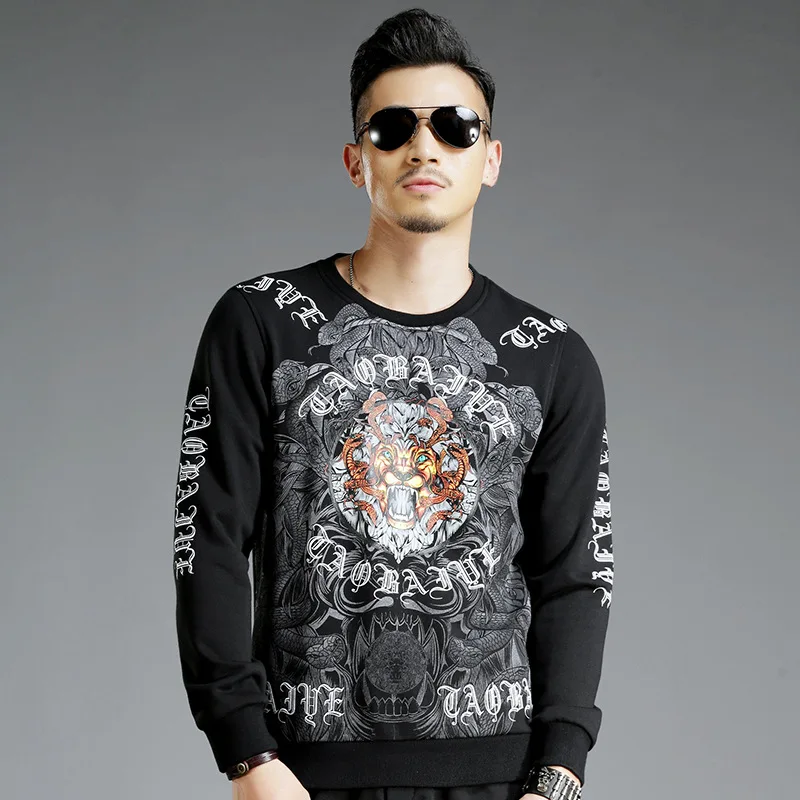 

European new spring and autumn men's pullover animal print slim black long-sleeved printed thick coat