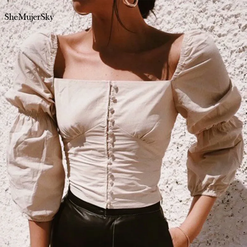 SheMujerSky Осенняя женская бежевая блузка Винтажные эластичные топы с квадратным