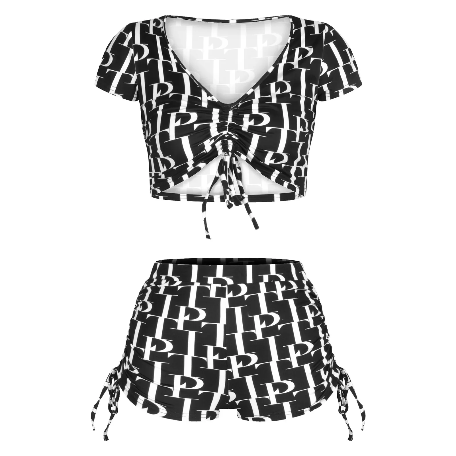 

Amazon Spring and Summer New Product Digital Printing Home Service Casual Suit Drawstring Short-sleeved T-shirt Two-piece Set