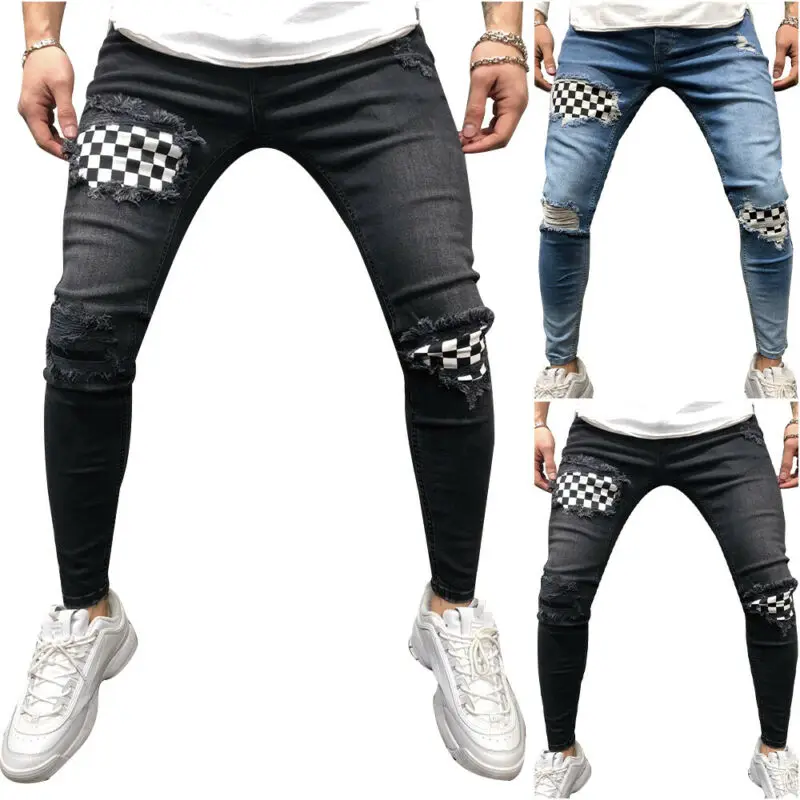 

Mens Ripped Skinny Trousers Slim Fit Stretch Casual Cargo Student Jeans Pants