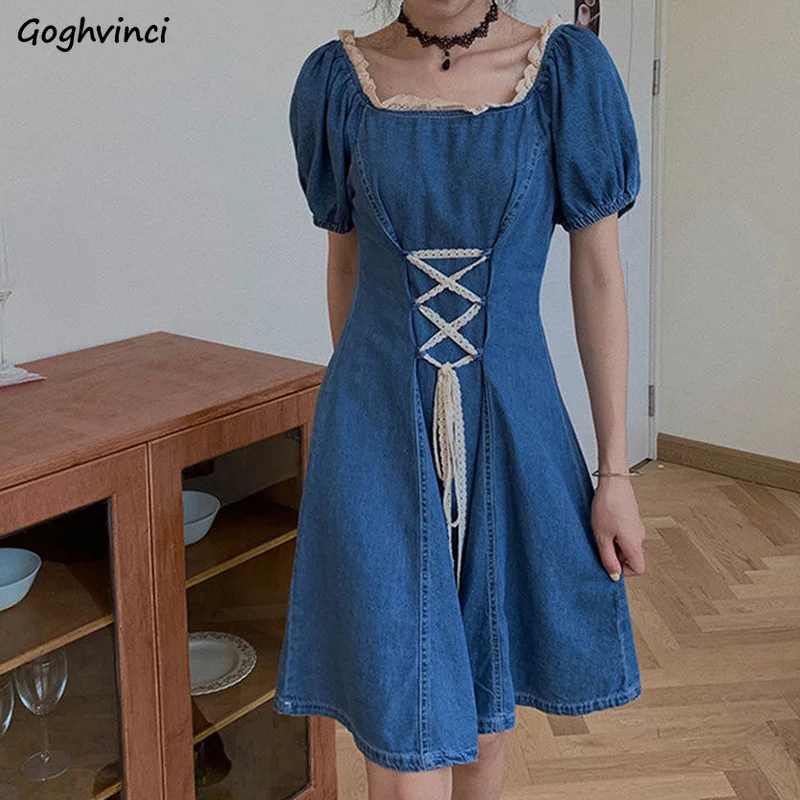 

Short Puff Sleeve Dress Women Elegant Square Collar Bandage Patchwork Temperament Denim Dresses Sweet Girls All-match Vintage