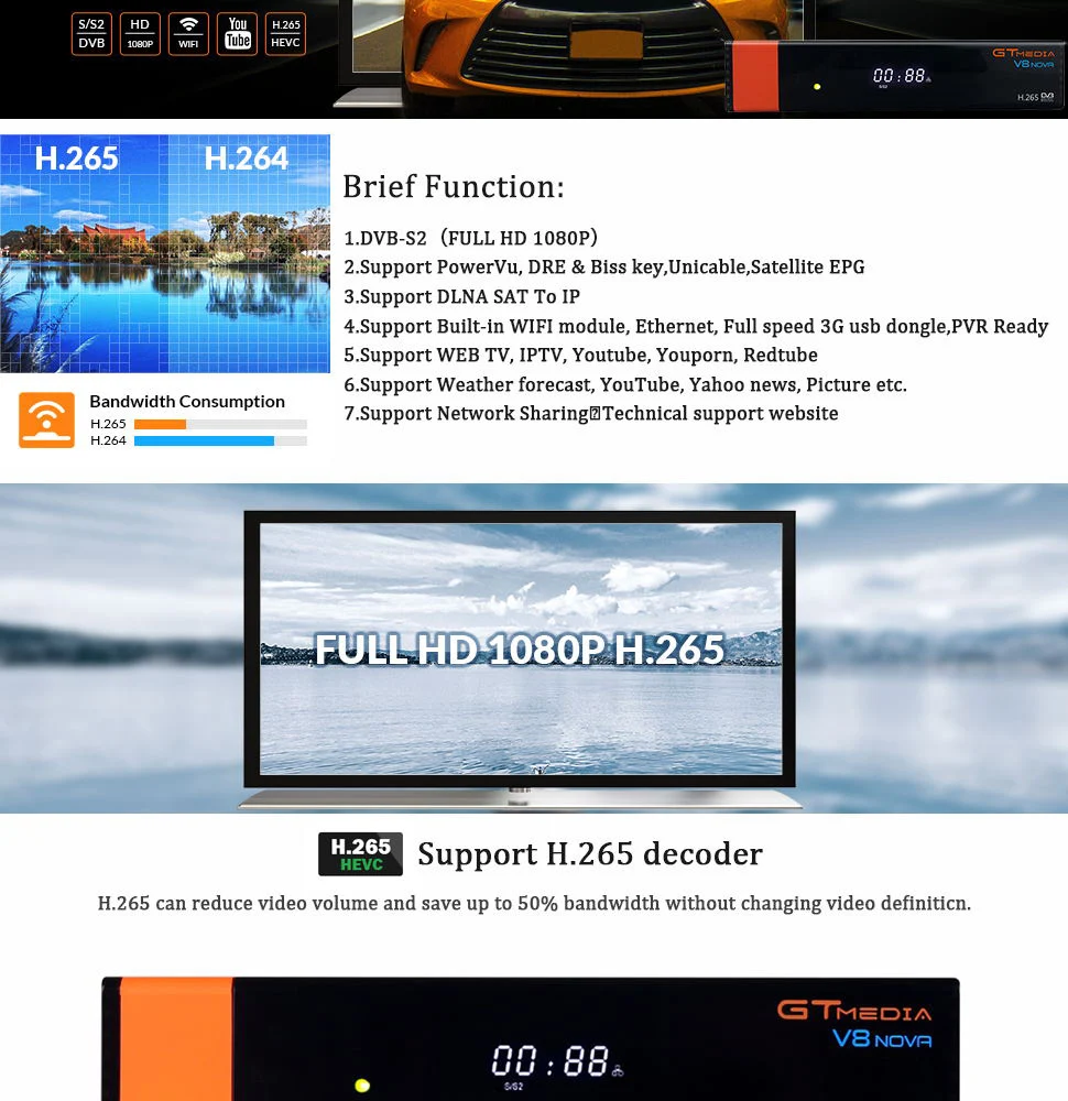GTMedia V9 Супер Спутниковый ресивер Full HD DVB-S2 bull-In WiFi с 1-Year Europe 7 кабельных линий же GTMedia V8 Nova ресивер