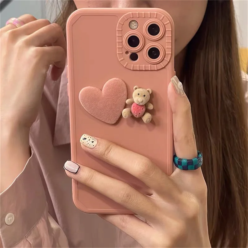 

Korean Cute Cartoon 3D Bear Pink Phone Case For iPhone 11 12 13 Pro XS Max X XR 7 8 Plus SE Kawaii Soft Shockproof Back Cover
