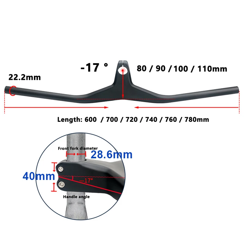 Full Carbon MTB Bicycle Handlebar + Stem Integrated Mountain bike 600/700/780/800*70-100mm 17 Degree Flat Bar | Спорт и развлечения