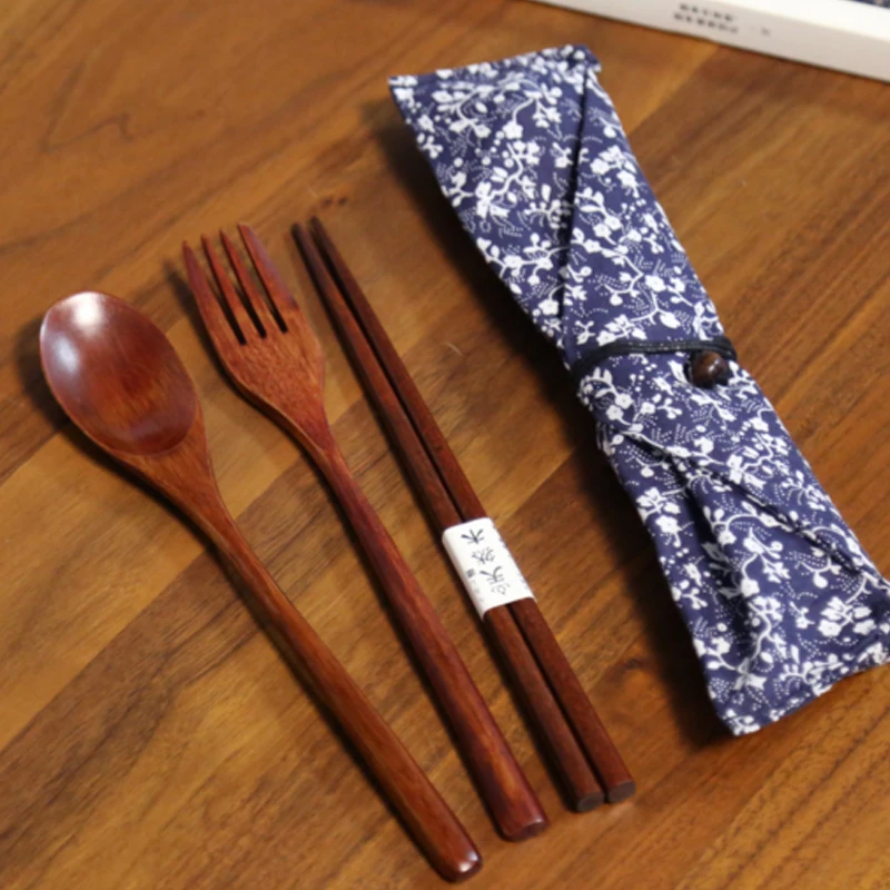 Портативный многоразовый деревянный дорожный бамбуковый столовый прибор CATHYLIN