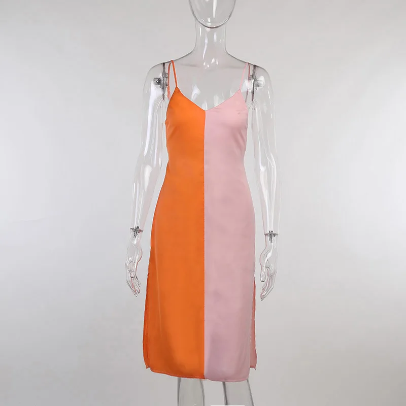 

2021 New Arrivals Summer Fashion Stain Spaghetti Strap Patchwork Bodycon Backless Split Sexy Night Club Women Dress