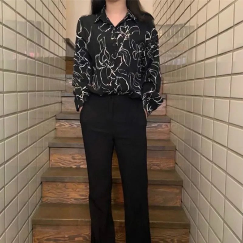 

Women Summer Vintage Sketch Print Loose Blouse Long Sleeve Turn-down Collar Shirt Single Breasted Tops Casual Blusas