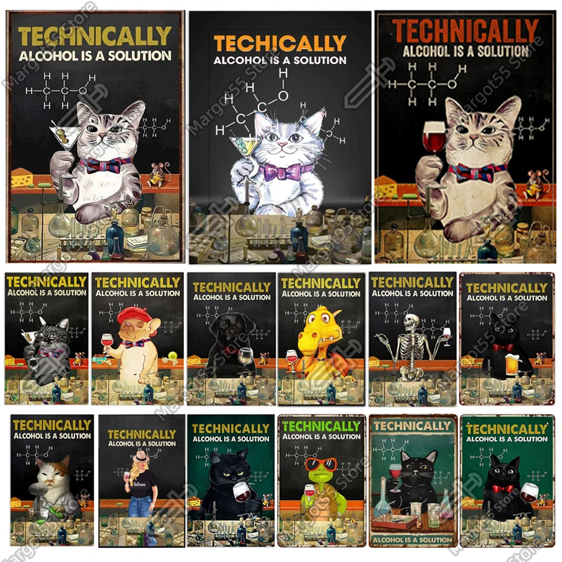 

Металлическая Оловянная вывеска в виде кошки, технически спирт-это решение, кошка для мужчин, пещера, Настенный декор для гаража, бара, клуба...