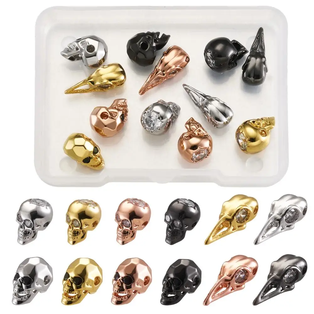 

12pcs/box Skull Head Beads Halloween Skull Brass Cubic Zirconia Charms Beads for DIY Jewelry Making Necklaces Bracelet Accessory