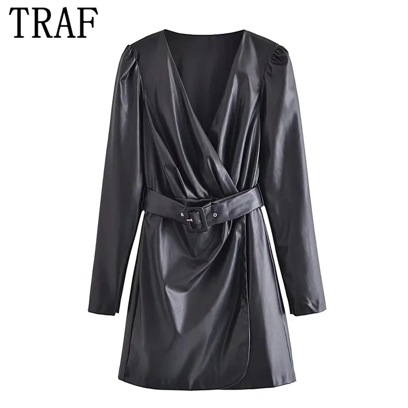 

Платье-мини из искусственной кожи, с поясом и длинным рукавом