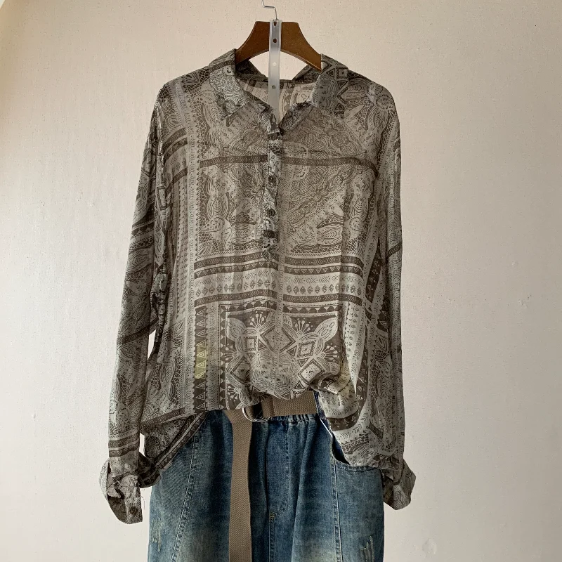 

Vintage Printed Women Shirts Summer 2021 Cotton Linen Long-Sleeved Loose Turn-Down Collar Female Outwear Tops
