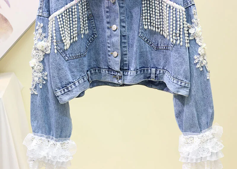 

Lace Mesh Autumn Floral Beading Sequins Diamonds Denim Jackets Female Coat Casual Loose Short Jeans Jacket Women Outwear Tops
