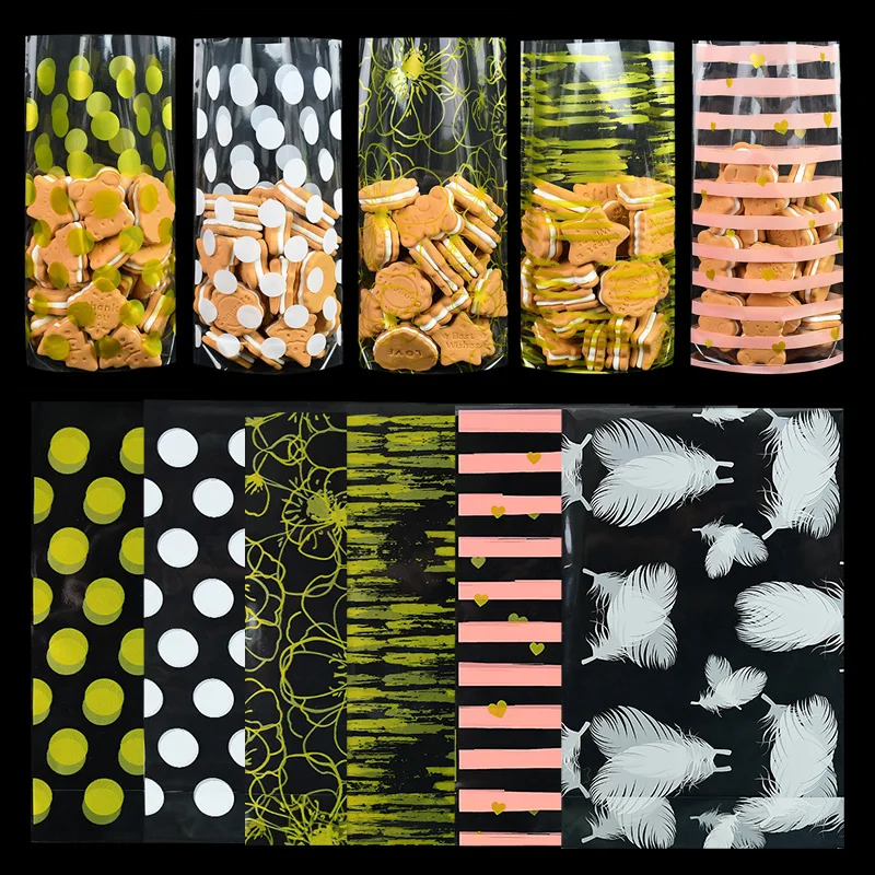 

50pcs Cookie Bags Dot Flower Heart Striped Plastic Gift Bags for Home Party Bakery Candy Biscuits Packaging Wrapping Supplies