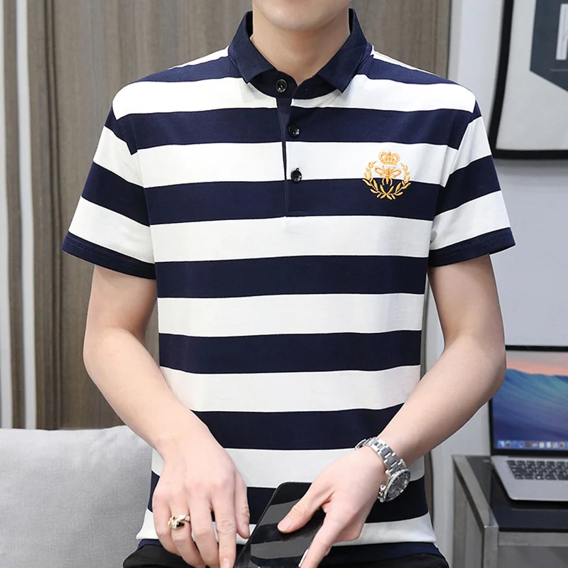 

iSurvivor 2021 Men Striped Polo Shirts Tees Tops Hombre Male Casual Fashion Slim Fit Short Sleeved Summer Cotton Polo Shirts Men