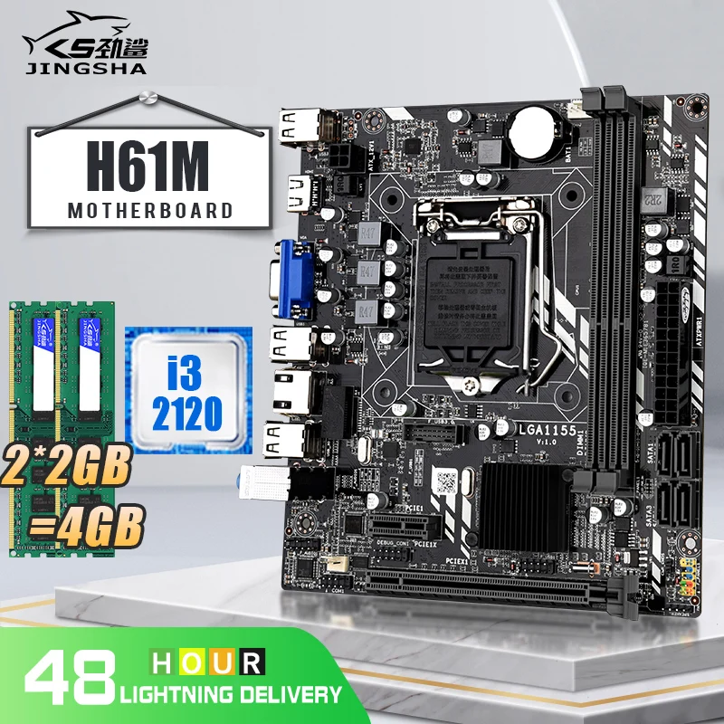 

JINGSHA H61M LGA 1155 Motherboard Set with I3-2120 CPU and DDR3 2*2GB 4GB PC RAM 1333MHZ H61 Intel Chipset Motherboard SATA2.0