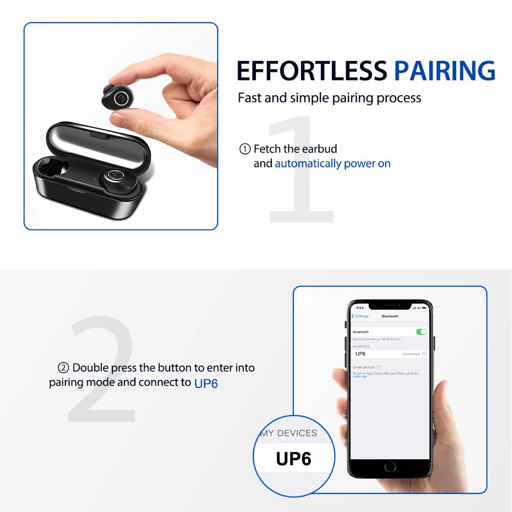 Фото UP6 беспроводные наушники TWS Bluetooth 5 0 стерео гарнитура IPX5 водонепроницаемые UP6 беспроводные наушники TWS Bluetooth 5 0 стерео гарнитура IPX5 водонепроницаемые