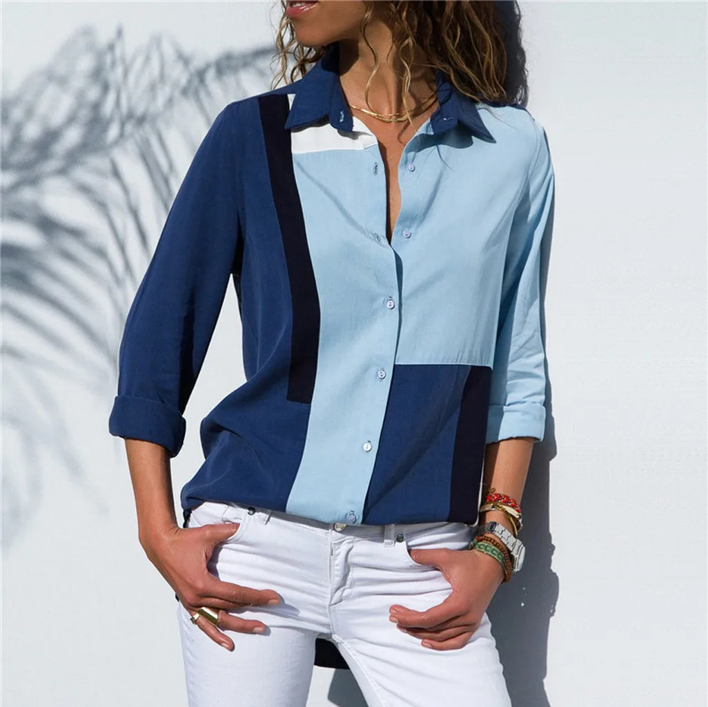 Офисные женские блузки 2019 модная рубашка с длинным рукавом и отложным воротником