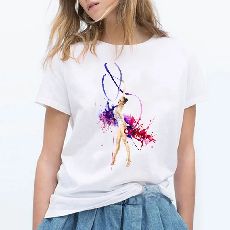 

2021Summer Watercolor Ballet Dancer Printed Girl White T shirt Kawaii Gymnastics Dance Lover Gift Tee Shirt Femme Tshirt