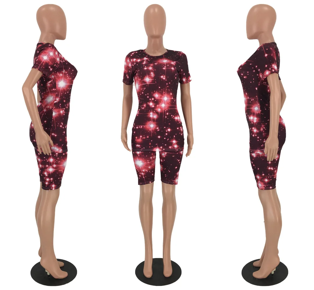 

2019 New Starry Sky Print Short Sleeve Black Tee Top & Shorts with Elastic Waist Suit Two Piece Set Beach Sportwears Outfit