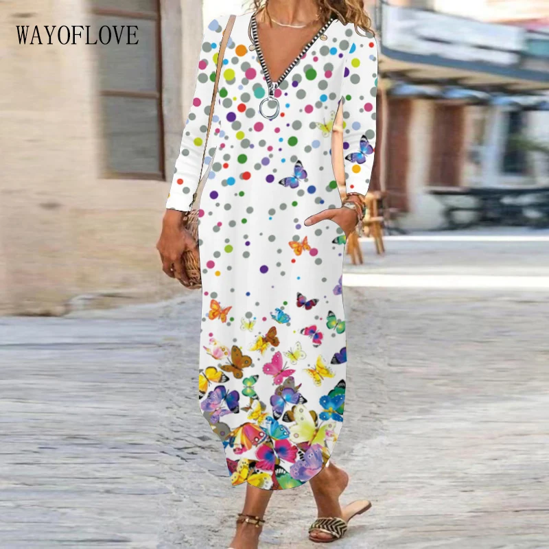 

WAYOFLOVE Dots Print White Long Dress Autumn Elegant Zipper Long Sleeve Dresses Woman Party Casual Vestido Vintage Women's Dress