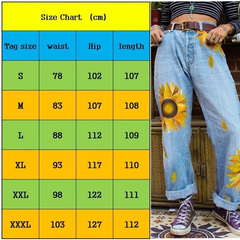 Женские повседневные свободные джинсы с принтом подсолнуха джинсовые брюки