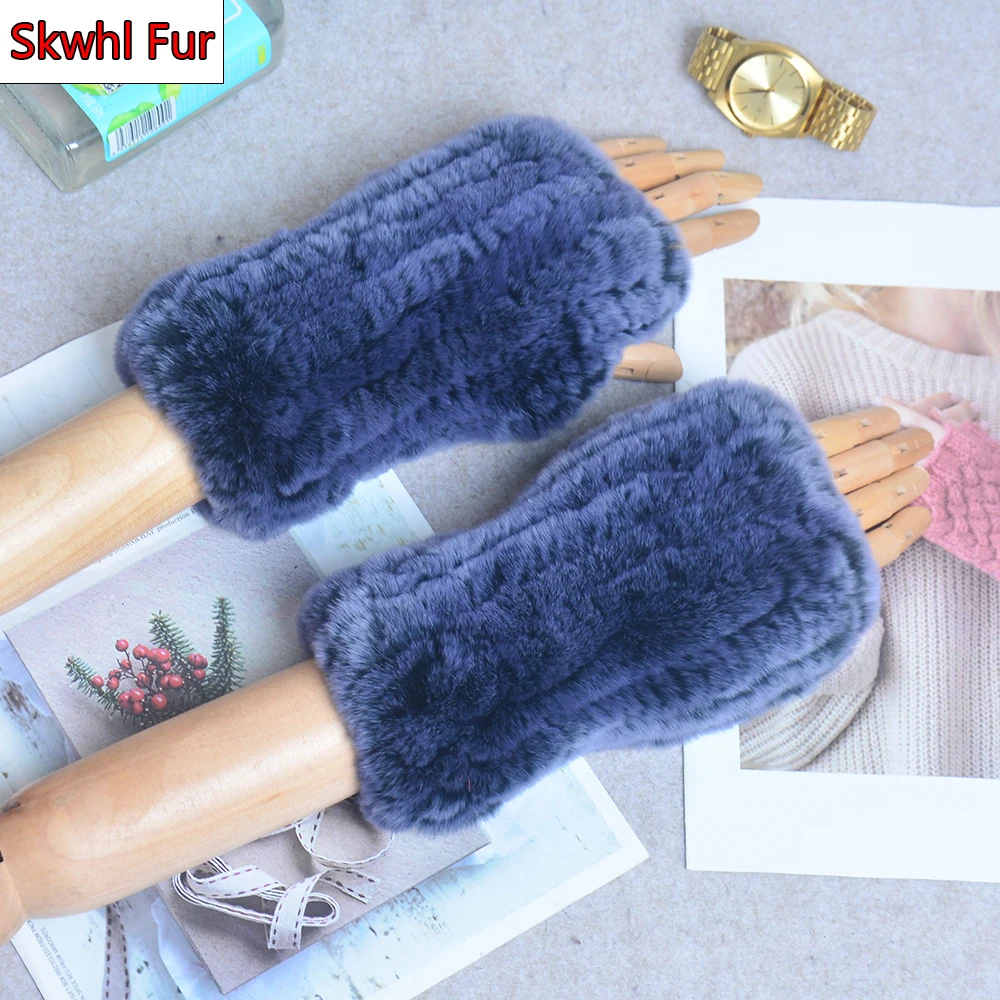 

Women 100% Real Genuine Knitted Rex Rabbit Fur Mittens Winter Warm Lady Real Rex Rabbit Fur Gloves Handmade Knit Real Fur Gloves