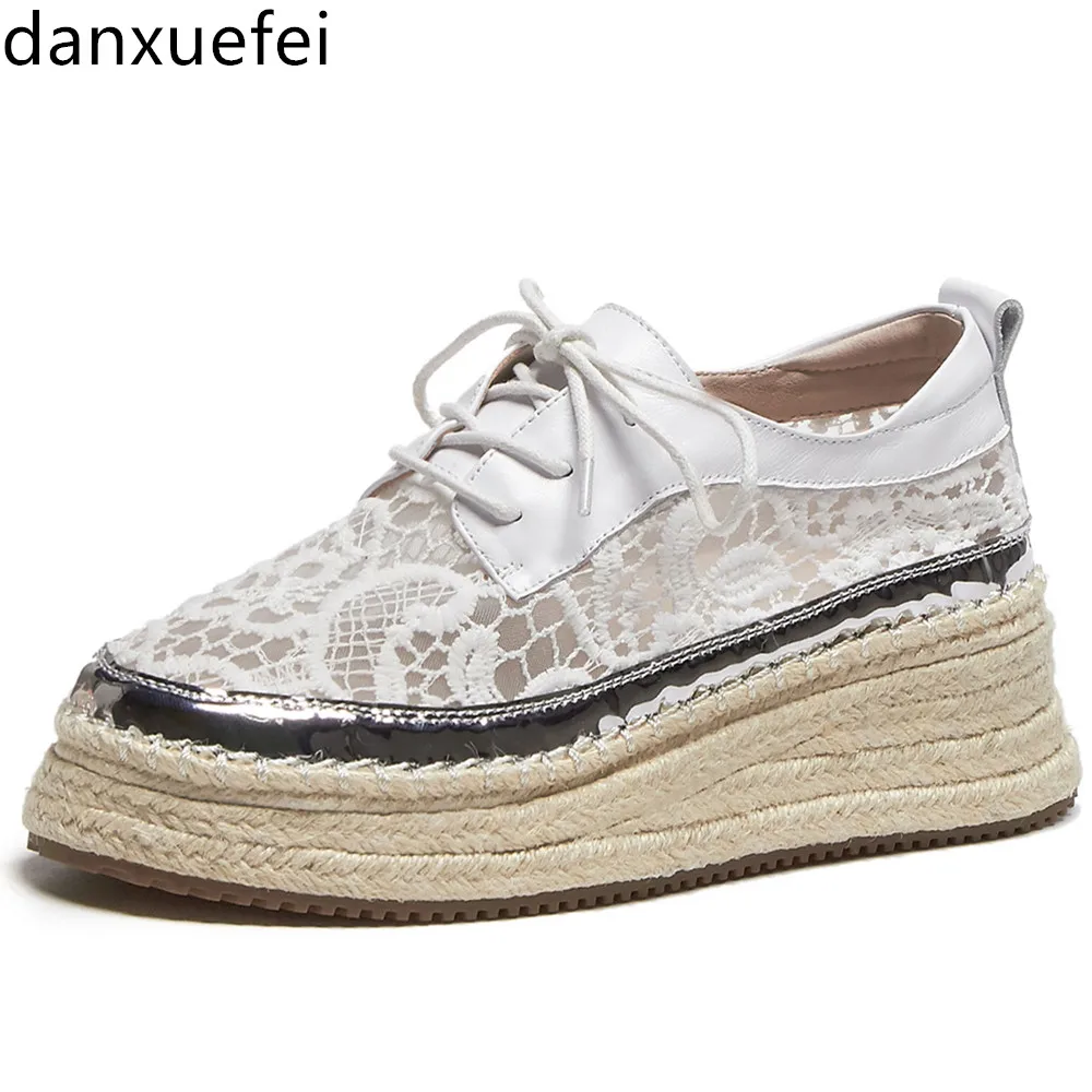 

Women's genuine leather lace patchwork platform flats oxfords leisure soft comfortable thick sole hemp casual female shoes women