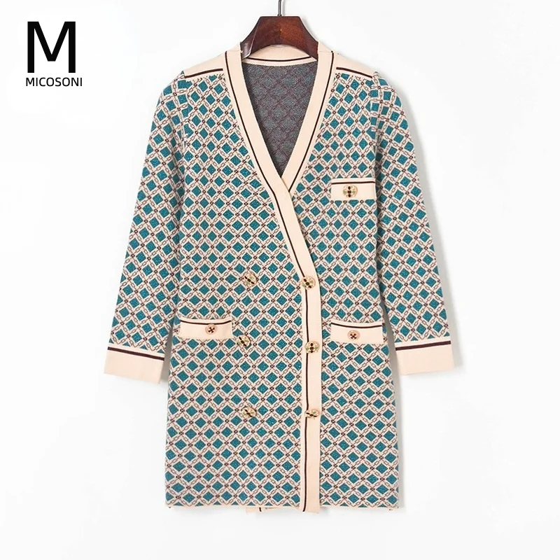 Женский двубортный кардиган Micosoni вязаный золотистого цвета в клетку с V-образным