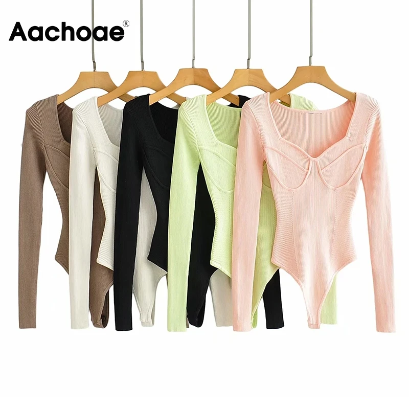 

Aachoae Sexy V Neck Knitted Bodysuit Women Streetwear Long Sleeve Bodycon Playsuit 2021 Female Club Wear Solid Color Jumpsuit