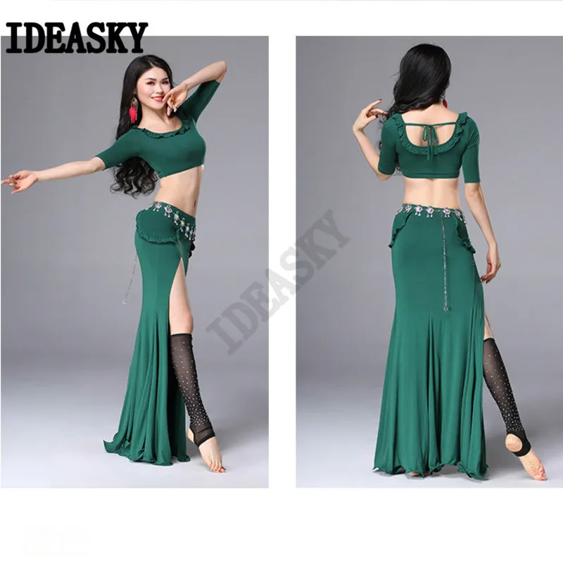 Women Oriental Practice Wear Professional Performance Bellydance Belly Dance Costume Set Top Split Long Skirt Slim Clothes suit |
