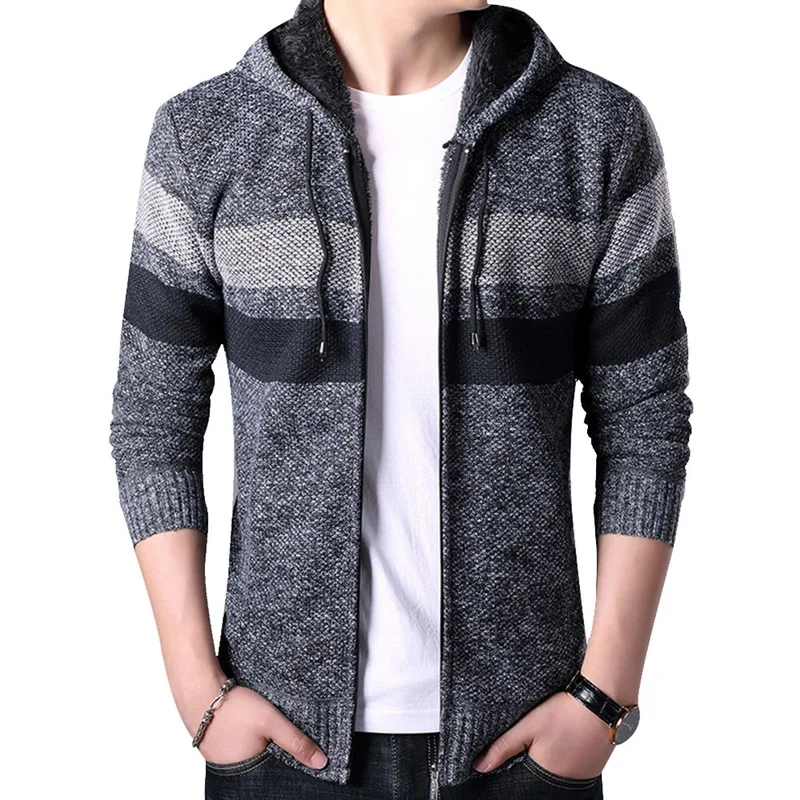 Dark Gray MJARTORIA, мужской свитер, пальто, зима, толстый теплый кардиган с капюшоном, джемперы, мужские, в полоску, кашемир, шерсть, на молнии, флисовые пальто для мужчин - Цвет: Dark Gray