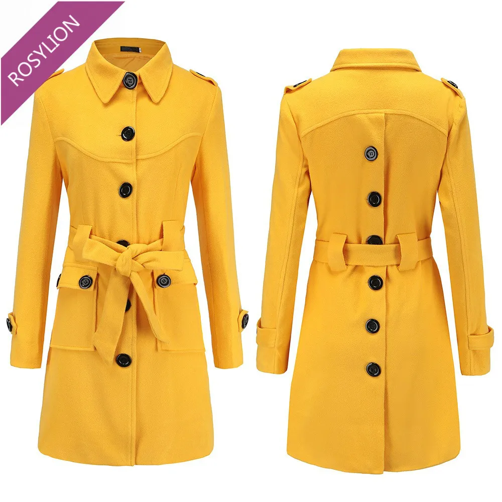 

Autumn Winter Hot Sale Multicolor Womens Coats Winter Slim Long Woolen Blend Coat Female Windbreaker Girl Casual Yellow Overcoat
