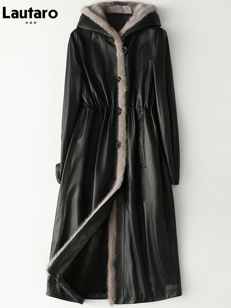 Lautaro Winter Lang Warme Dicke Schwarz Leder Mantel Frauen mit Pelz Innen Elegante Luxus Faux Pelz Gefüttert Jacke Parka Mode 2021