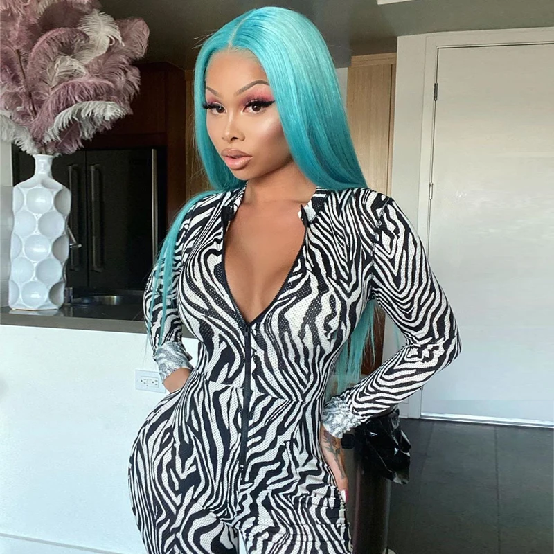 

Women Club Mesh Romper Sexy Skinny Overall Jumpsuits Pants Zebra pattern V Neck Long sleeve Front Zipper Clothes set Autumn 2021