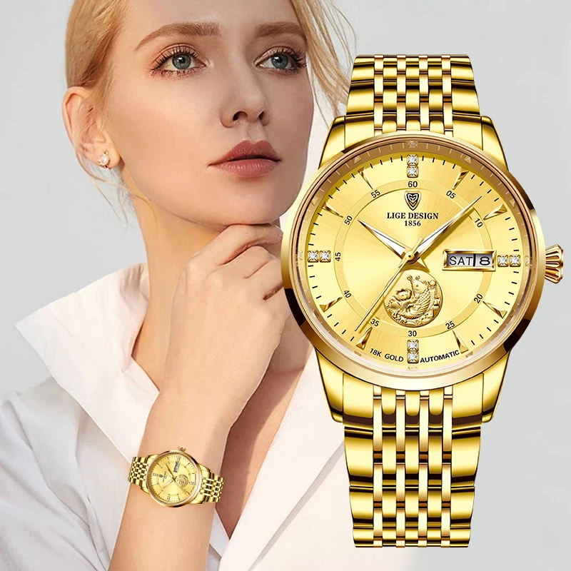 

LIGE Classic Women Simple Watch Automatic Stainless Steel Gold Dial WristWatch Auto Date Lady Mechanical Clock Relogio Feminino