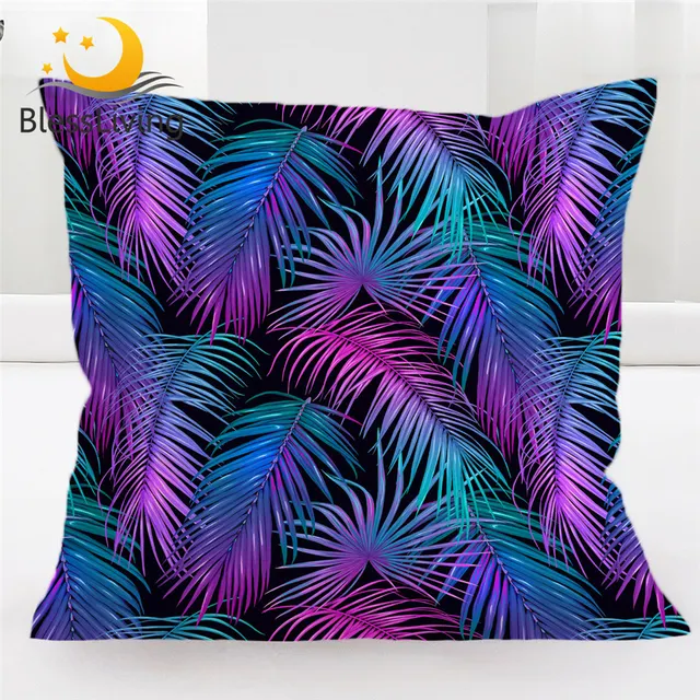 BlessLiving Palm Leaf Cushion Cover Purple Green Pillow Case Coniferous Pillow Cover Dazzling Funda Cojin Beautiful Home Decor 1