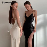 2021 summer womens dress satin deep v neck sleeveless backless sexy strap dress solid straight pajamas elegant party outfits