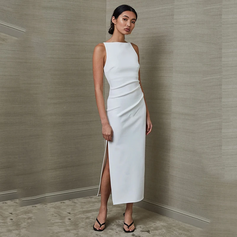

Hot Sellings European Women All-matched Solid Sleeveless Breif Design Spaghetti Strap Tank Slit Straight Summer Dress