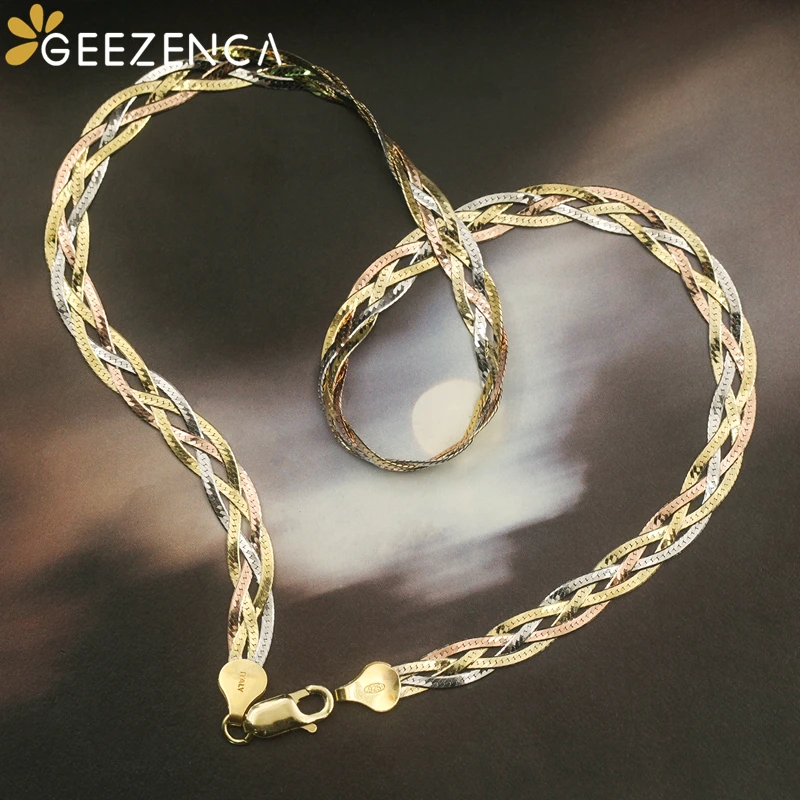 GEEZENCA 925 Silver Women's Choker Necklace Italian 6mm Woven Chain Three Color Four Thread Necklaces High Quality Luxury Gift