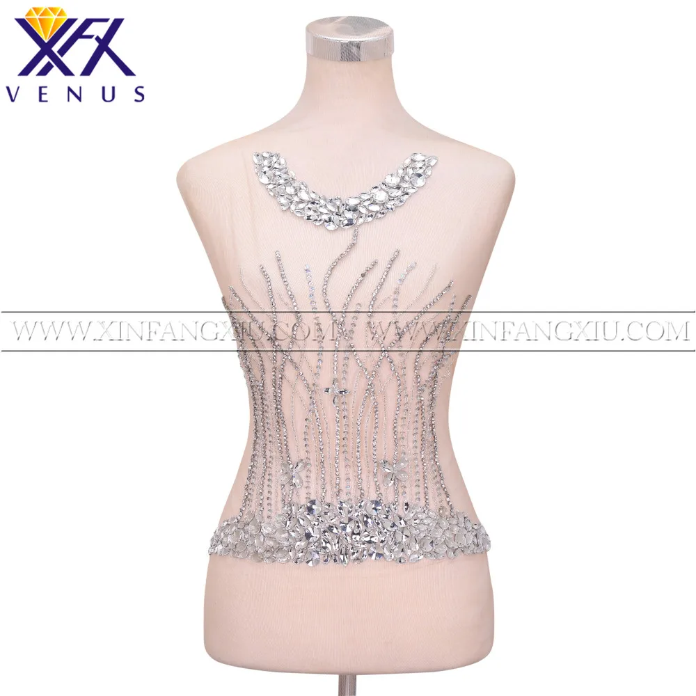 

XFX VENUS 1 Piece Handmade Silver Rhinestones applique Sequin bodice patches trimming motif for women Clothes Fabric garment