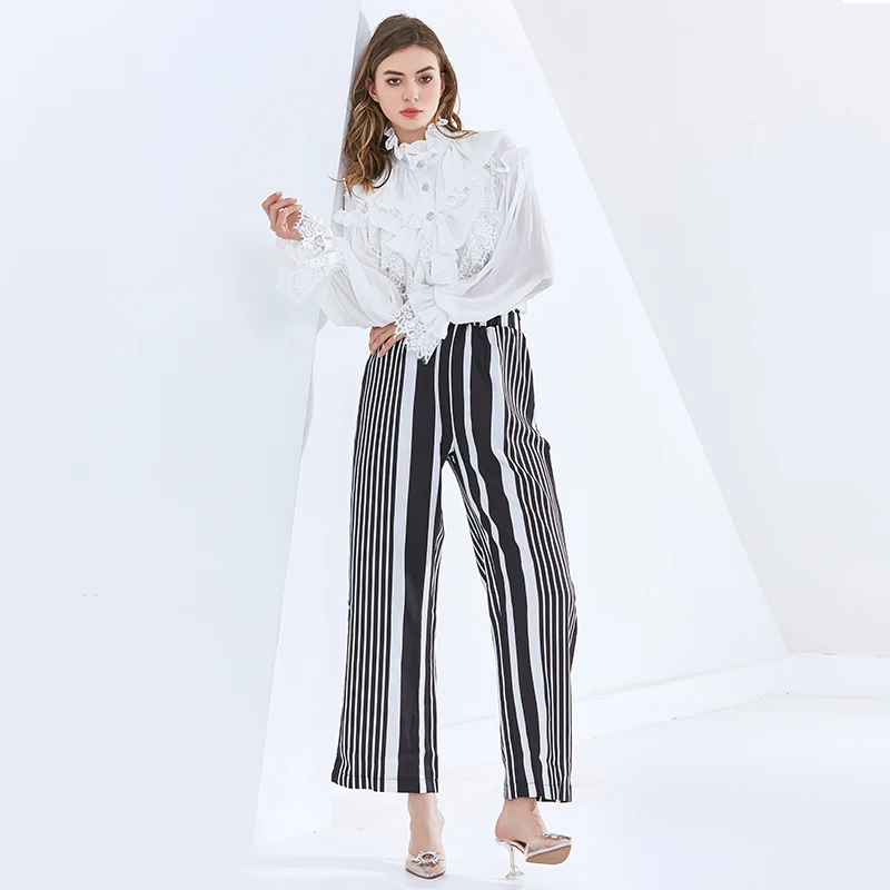 

TWOTWINSTYLE Elegant Ruffle Shirt For Women Stand Collar Flare Long Sleeve Patchwork Lace Black Blouse Female 2021 Spring New