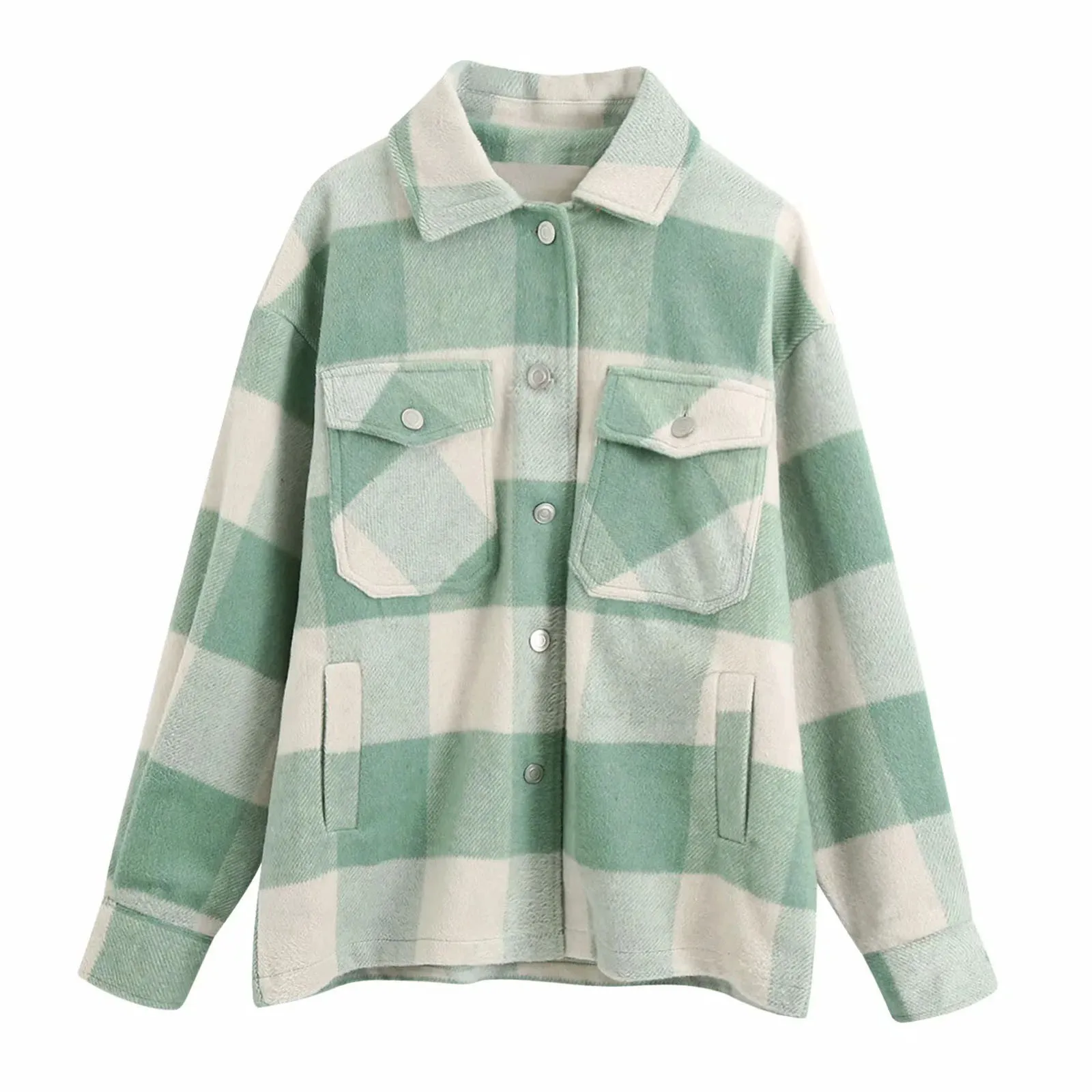

Winte Vintage Stylish Pockets Oversized Plaid Jacket Coat Women Casual Fashion Lapel Collar Long Sleeve Loose Outerwear Tops