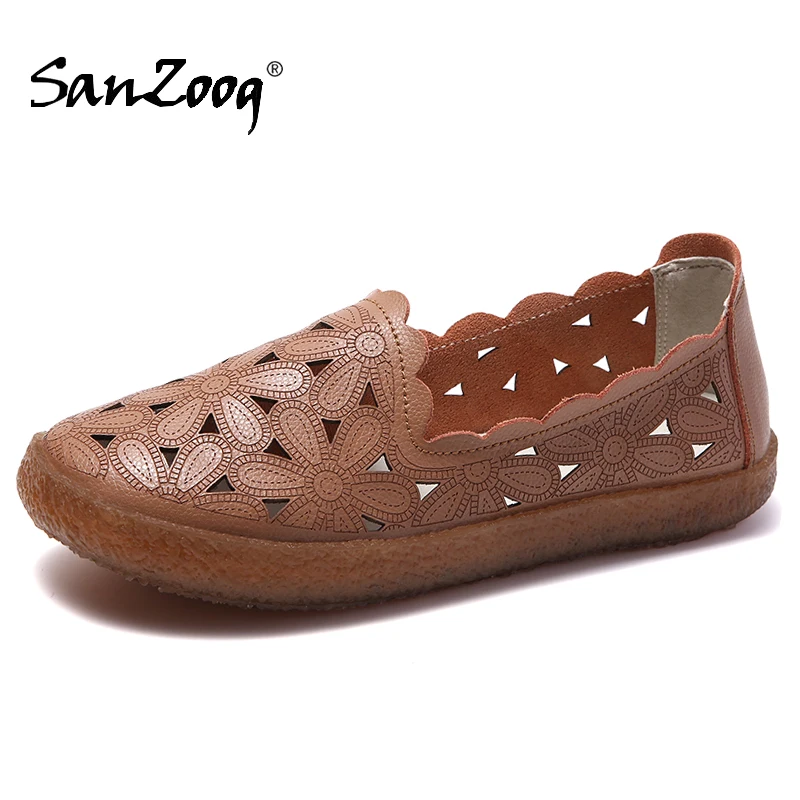 

Summer Hollow Breathable Women Genuine Leather Flat Shoes Slip On Flats Moccasins Ladies Fashion Casual Loafers 2021