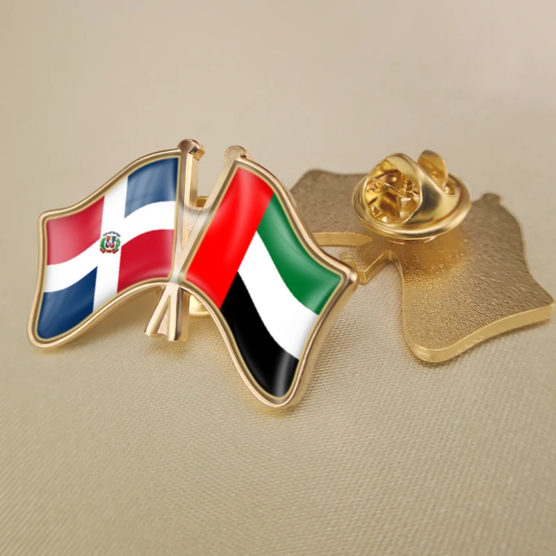 

Dominican Republic and United Arab Emirates Crossed Double Friendship Flags Lapel Pins Brooch Badges