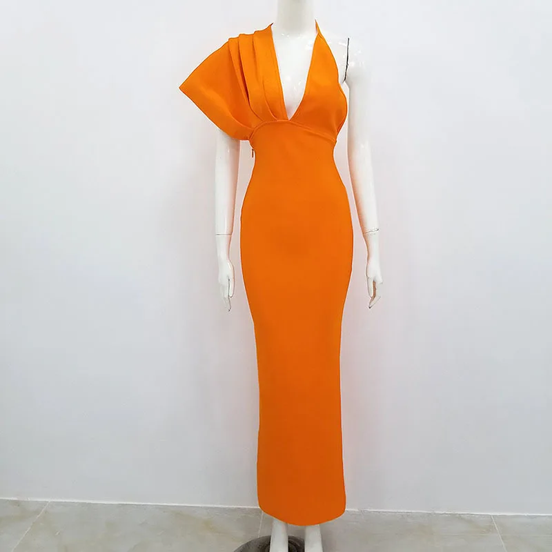 

GVUW new women's orange one shoulder strap sexy bandage deep V long nightclub party evening dress clothing free shipping KB2304