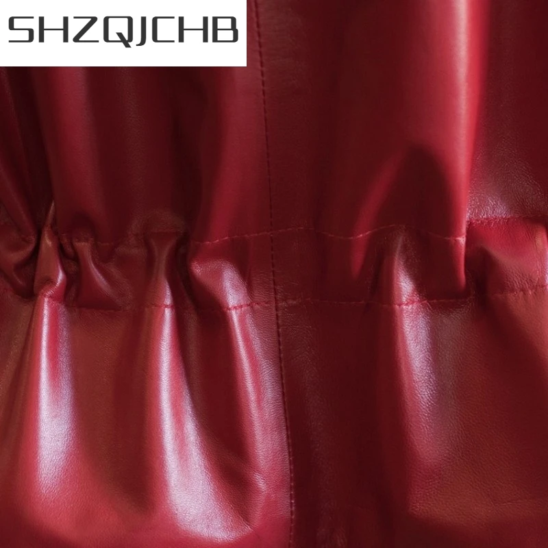 

JCHB 2021 Red Loose Women SheepSkin Coat Punk Jacket Real Leather Jackets Zipper Female Hooded Biker Jacket Short Windproof Out