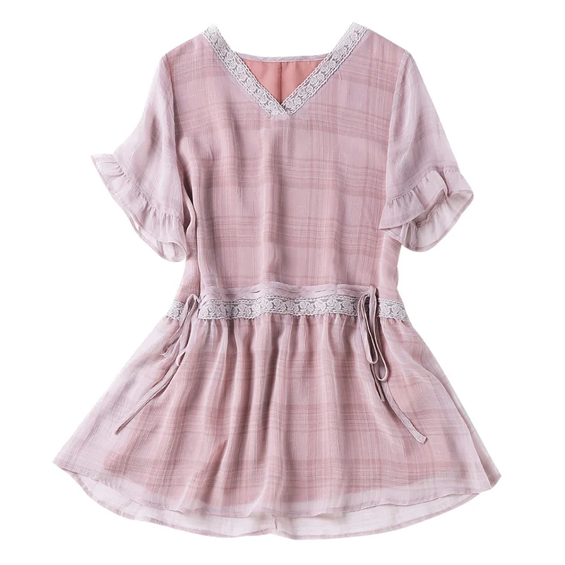 

oversized 3XL 4XL chiffon women blouse 2020 summer new lace patchwork plaid slim A-line lady elegant pulls outwear coat tops