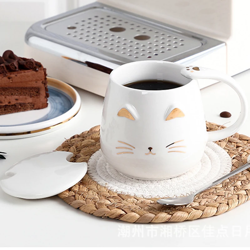 1 шт. Новый 400 мл милый кот Керамика Кофе кружка с ложкой и крышкой