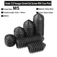 502010pcs m5x5mm30mm grade 12 9 alloy steel hexagon socket set screws with cone point headless screw black oxide din914