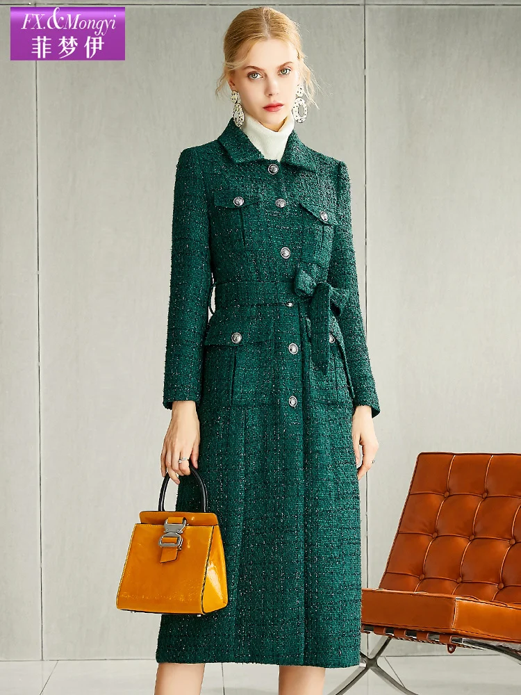 

Lapel tweed coat medium long autumn winter lace up waist tweed knee length women's coat